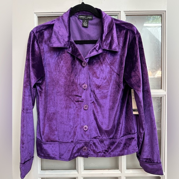 Robert Louis Designer Silk Sasha Purple Velvet Button Up Blouse Size Small S NWT - Picture 2 of 11